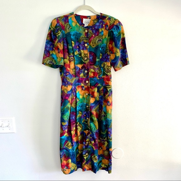 Vintage Dresses Vintage 8s Jewel Tone Floral Secretary Midi Dress